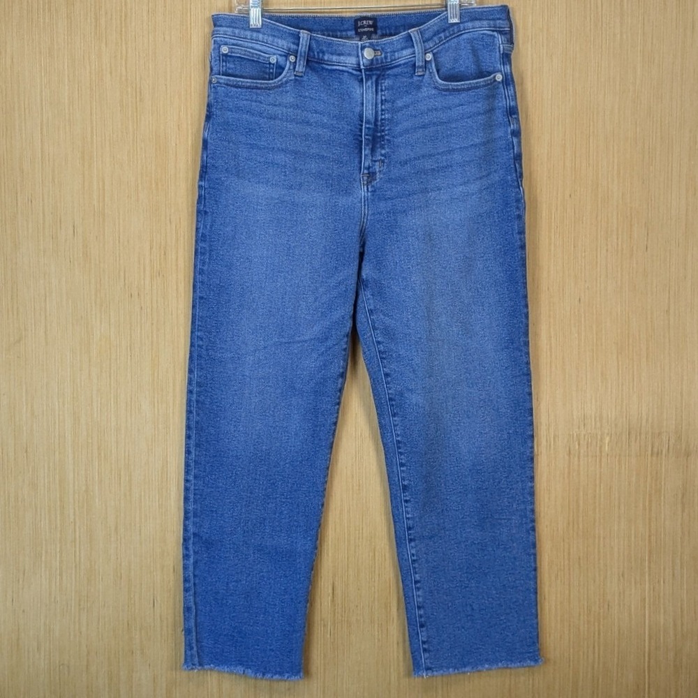 J.Crew Stovepipe Jeans Womens 32 Medium Wash High Rise Raw Hem‎ Straight Leg